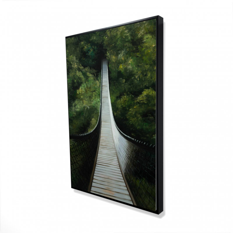 Pont suspendu dans la forêt - reproduction sur toile avec cadre flottant