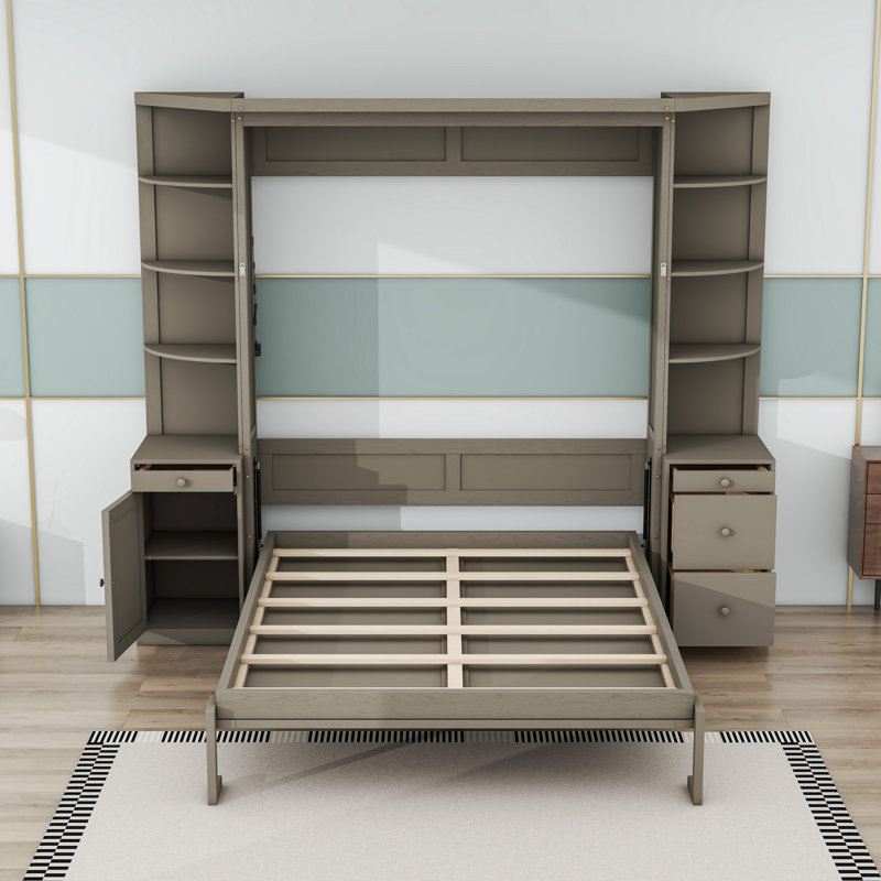 Grand lit escamotable en bois avec bureau intégré, tiroirs et tablettes de rangement, Gris