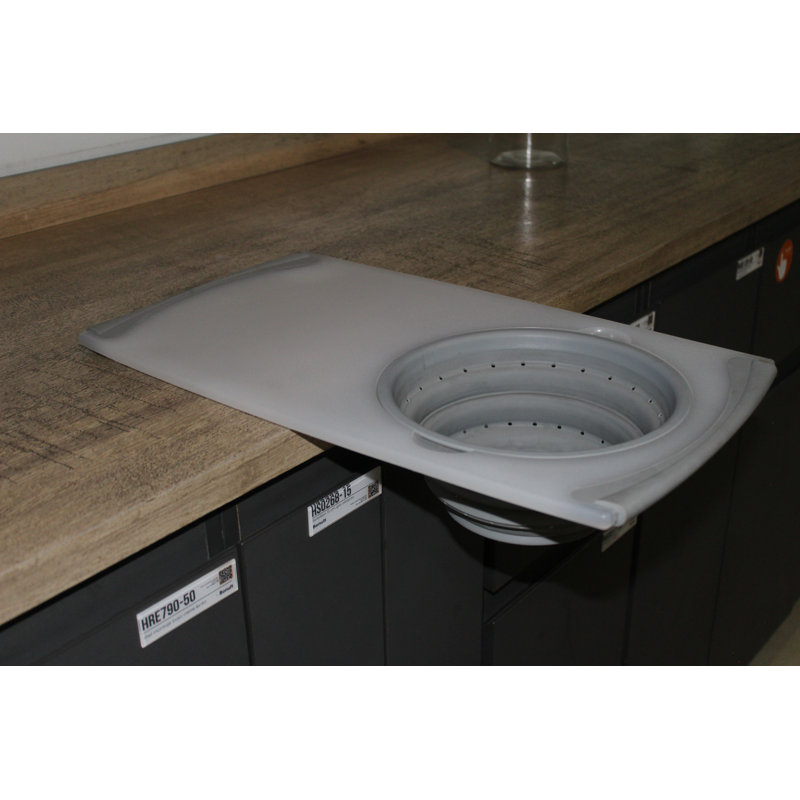 White and Grey Plastic Cutting Board with Built-In Strainer