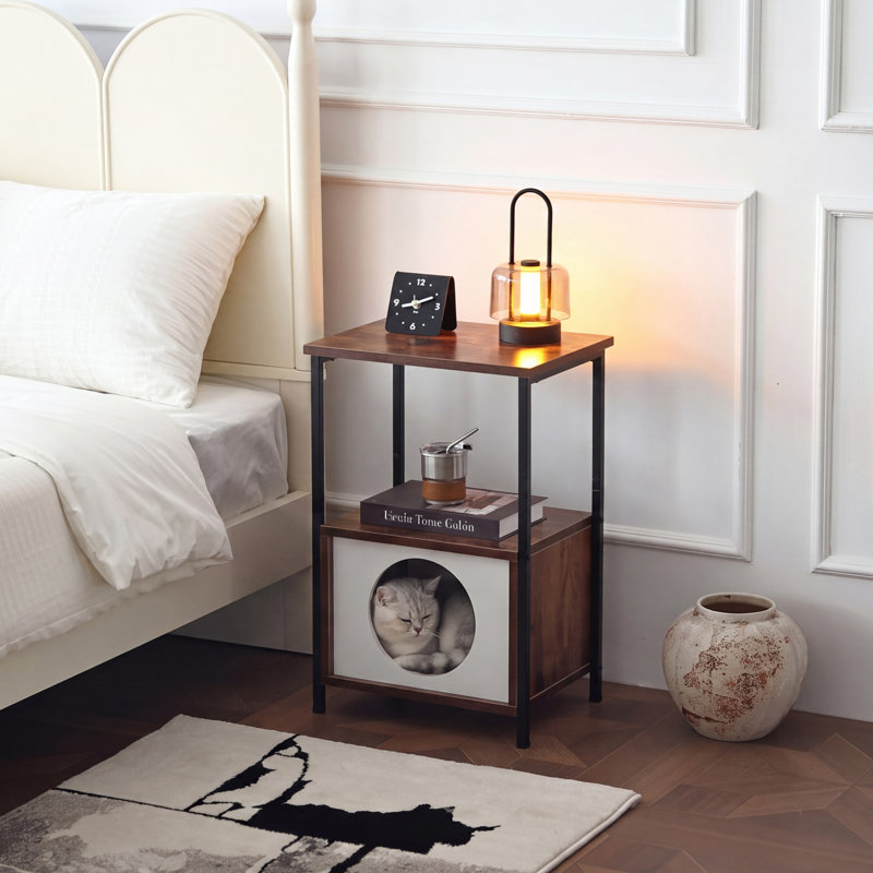Table d'appoint pour chat 2 en 1, aire de repos pour chat en fer et en bois avec rangement, table de bout multifonctionnelle pour chats, rayure tigre