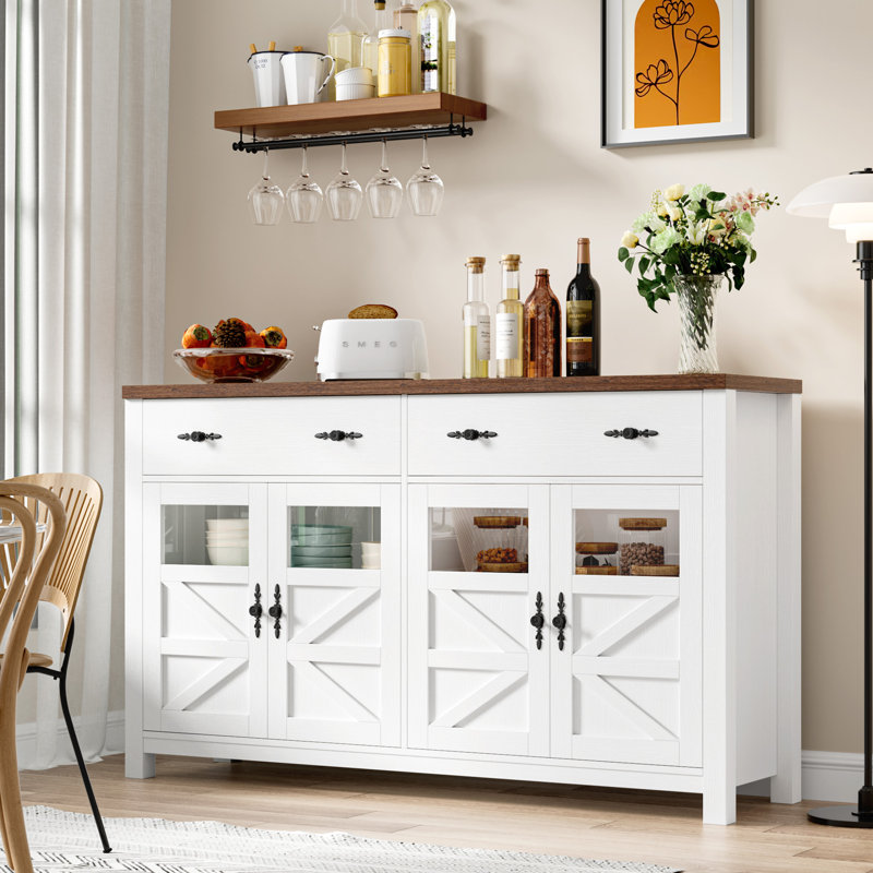 Almus 55'' Sideboard with 4 Glass Doors, 2 Large Drawers and Adjustable Shelves