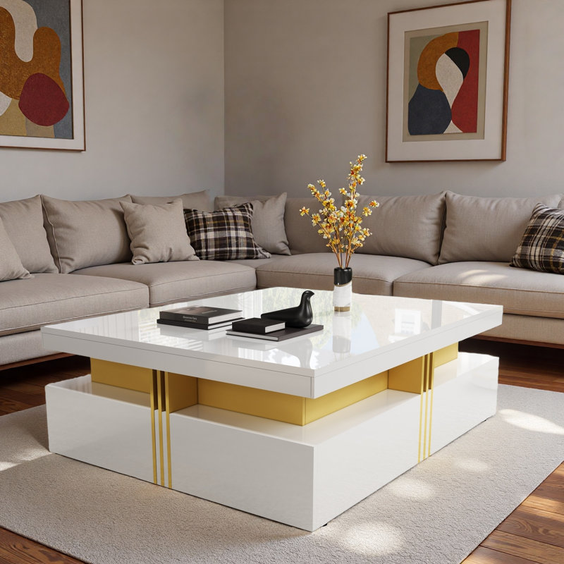 Table basse moderne carrée avec 4 tiroirs, Blanc
