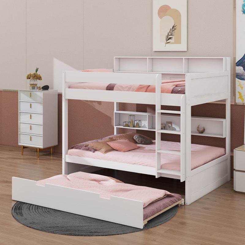 Bunk Bed With Trundle & Built-In Storage Shelves, Space-Saving Wooden Bunk Bed, Full over Full, White