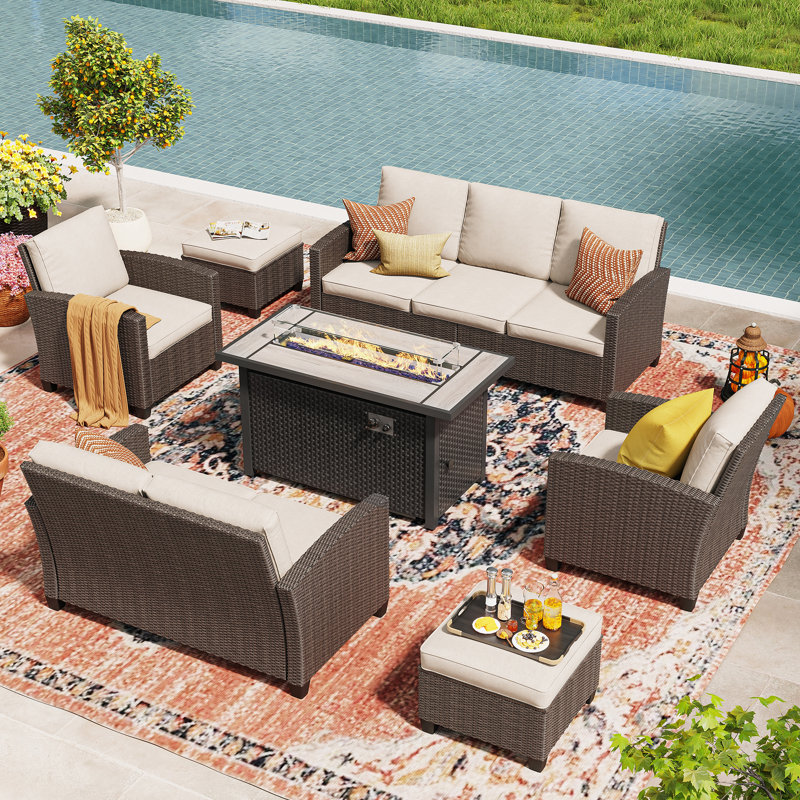 Ensemble de conversation modulaire en osier pour 7 personnes avec foyer et table