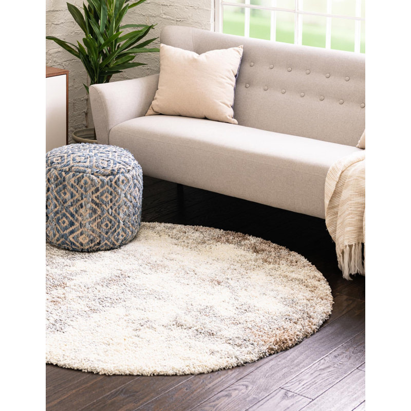 Tapis abstrait en polypropylène tissé à la machine en beige / kaki, Rond 3 pi 3 po