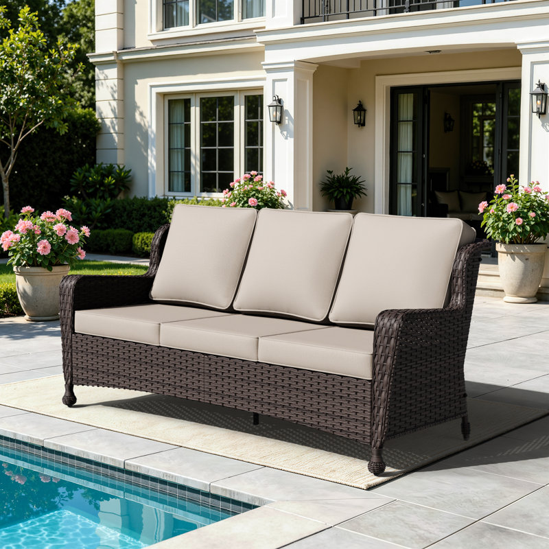 Canapé d'extérieur 3 places en osier avec coussins de 4 po beige, Beige