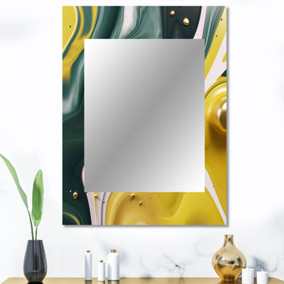 Jaune et vert pierre fluide II - miroir décoratif en marbre, miroir mural moderne, impression d'art en métal