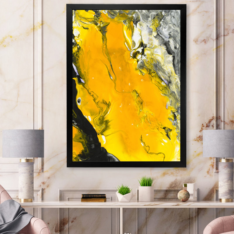 Jaune jaune, noir et blanc liquide Art VI - peinture sur toile, H 40 po x l 30 po x P 1,5 po, Cadre d'angle fermé noir