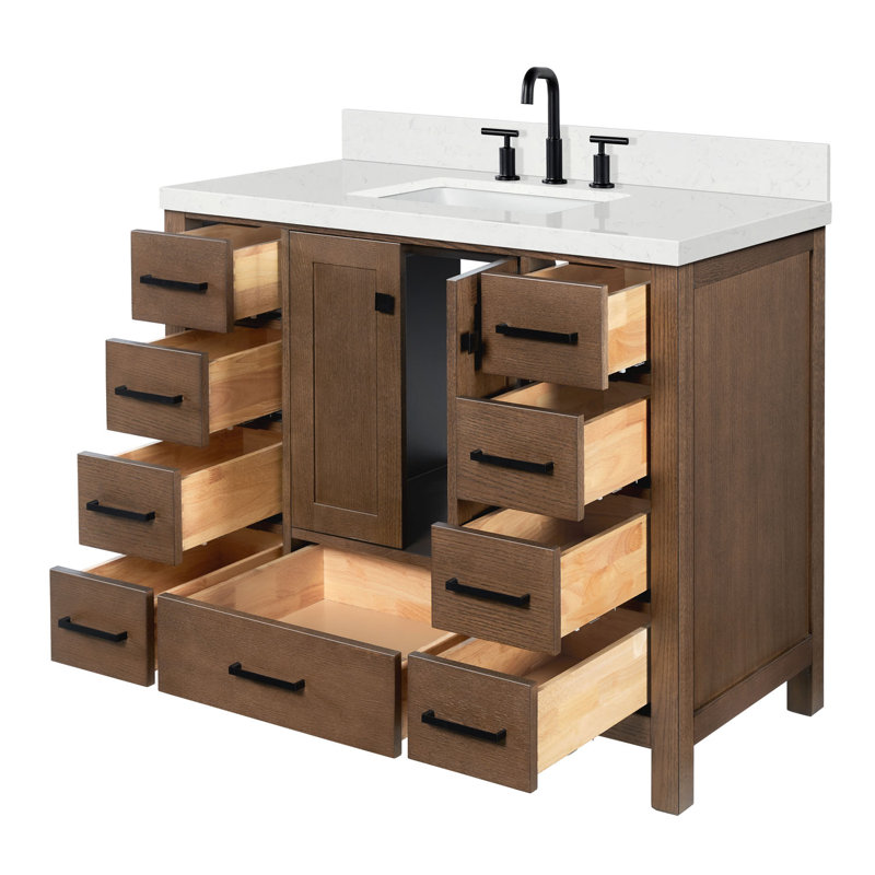 Meuble-lavabo simple 42,25 po avec plateau en quartz Grevera, Chêne brun / noir mat, Rectangular