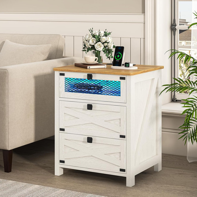 Farmhouse Night Stand For Bedroom, Rustic Vintage Nightstand With Charging Station And Led Lights, Bedside Table With 3 Drawers, Retro Side End Table With Storage