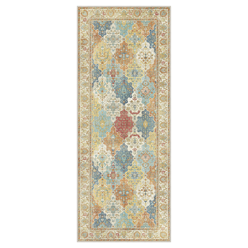 Vintage Boho Machine Washable Gold / Beige / Blue Indoor Area Rug With Non-Slip  , Runner 60 x 180 cm