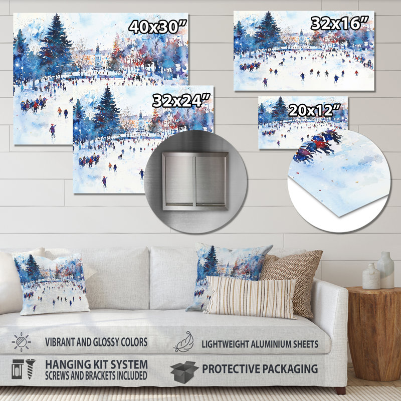 Patinoire sur glace II - décor de paysage d'hiver, impression métallique traditionnelle, H 12 po x l 20 po