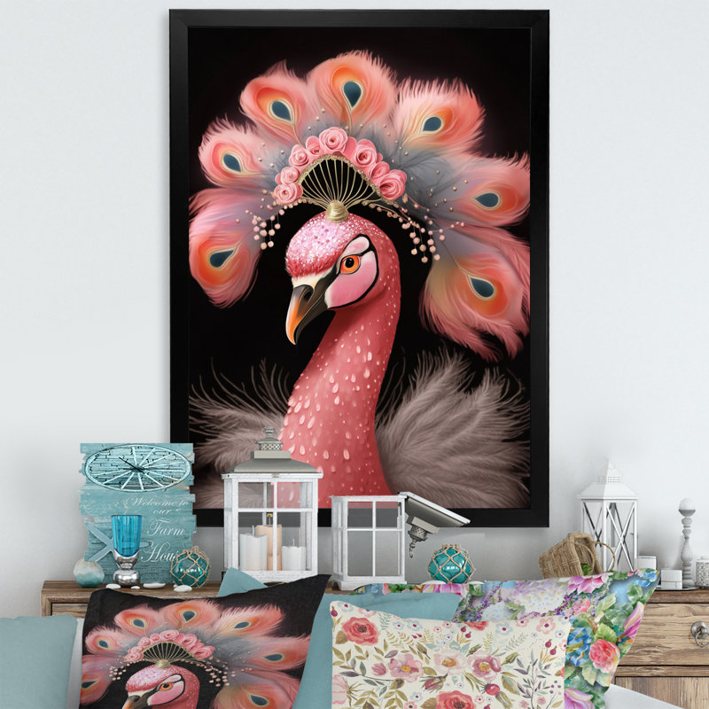 Flamant rose avec couronne rose, Cadre simple noir, H 32 po x l 24 po x P 1 po