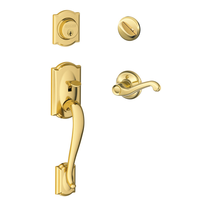 Camelot Handleset with Deadbolt and Flair Door Lever and Rosette, Lifetime Brass, Left Hand
