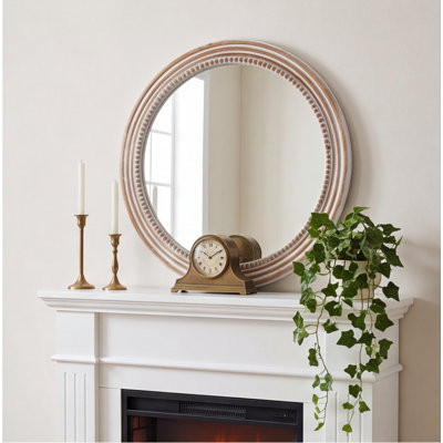 Miroir mural rond 35,53 pouces blanc antique en bois perlé, décor rustique pour salon, chambre à coucher, vestibule