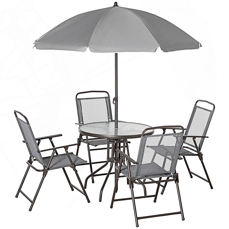 Ensemble de salle à manger 6 pièces pour 4 personnes avec parasol, 4 chaises pliantes et table ronde en verre, Gris