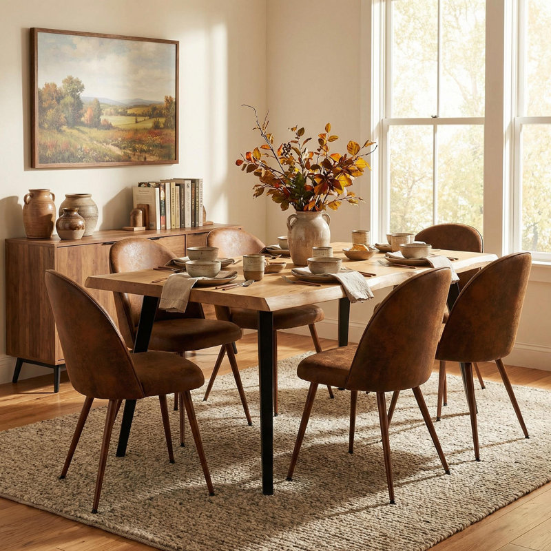 Modern 7-Piece Dining Set With 63" Wavy Edge Wood Table For 6–8 People, Brown, Brown