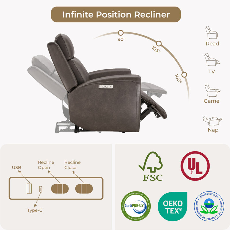 Zero Wall Vegan Leather Power Recliner, Chocolate
