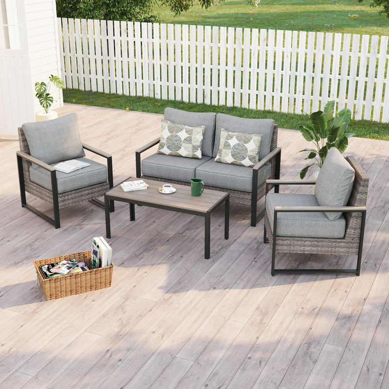 Ensemble de canapés de patio 4 pièces avec table basse, rotin en osier PE pour terrasse, Gris plomb