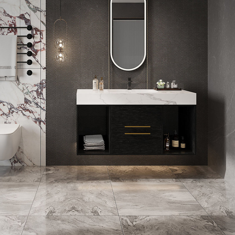 Meuble-lavabo de salle de bain avec lavabo en céramique, meuble-lavabo flottant, Noir