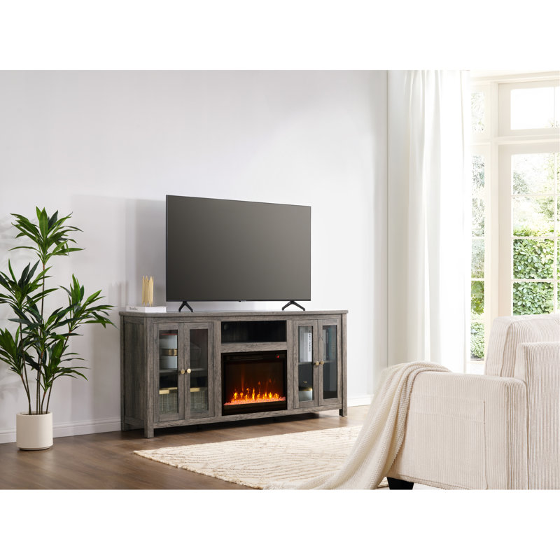 Console 70 po avec foyer, lumière DEL, armoires et tablettes, Gris