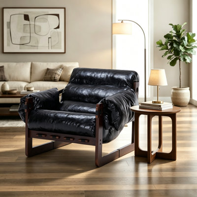 Fauteuil de salon en cuir et en cire d'huile rétro avec cadre en bois et coussin éponge haute densité