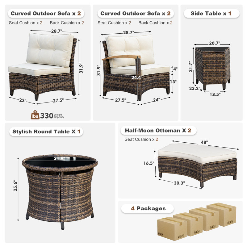 8 Piece Outdoor Patio Furniture Set, Half-moon Curved Sectional Sofa Rattan Conversation Set With Wood Armrests, 2 Half-moon Ottoman,round Table & Side Table