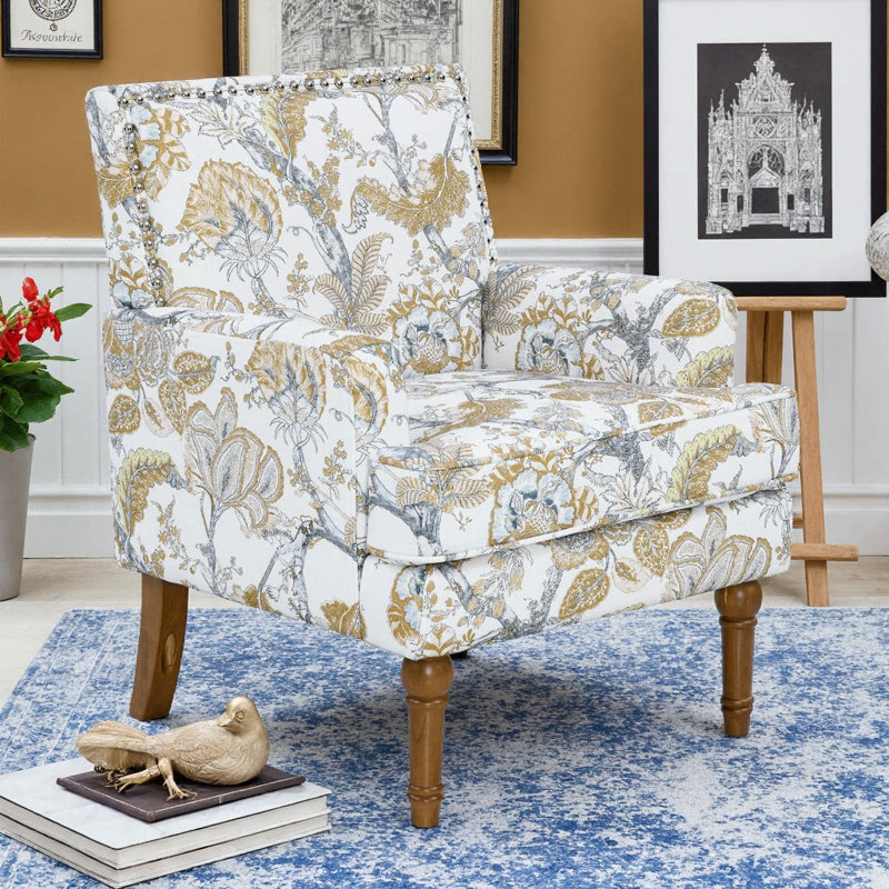 Chaise d'appoint florale avec garniture cloutée et pieds en bois massif | Fauteuil de chambre rembourré | Fauteuil de ferme traditionnel pour salon, chambre à coucher ou coin lecture