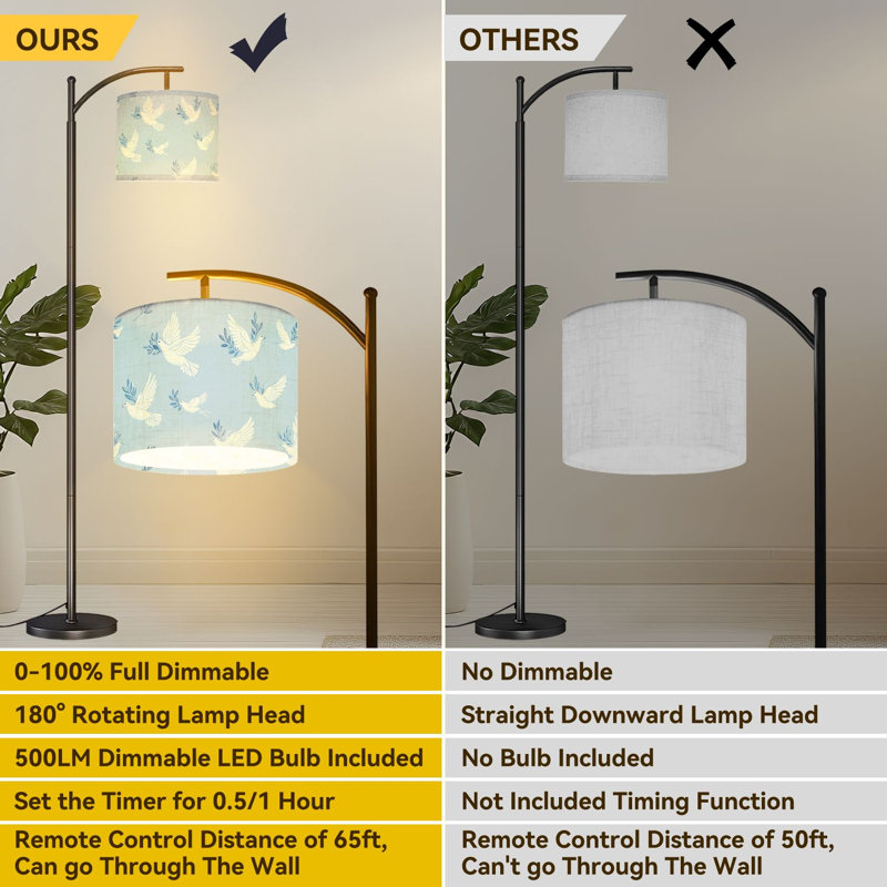 Arc Floor Lamp Dove standing Bird an olive branch love freedom no war Hand drawn Floor Lamps with Remote LED Lights Adjustable Lamp Shades Tall Standing Lamps for Reading Office Living Room