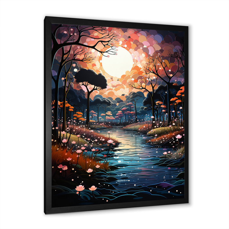 «Camylle Blue Green Pointillism River At Night I», reproduction sur toile, H 40 po x l 30 po x P 1,5 po, Cadre photo noir