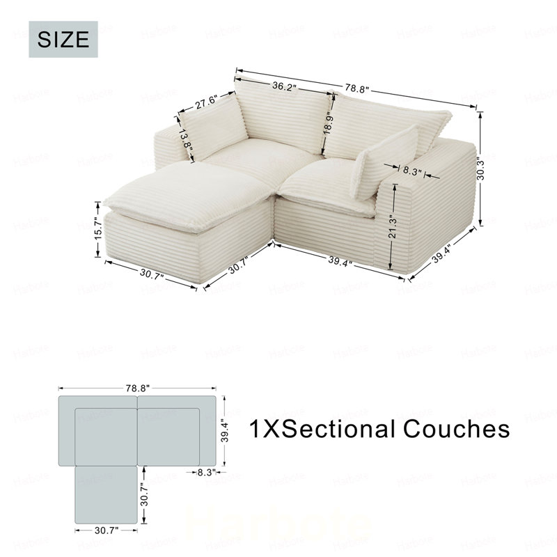 Canapé d'angle modulaire en velours côtelé en forme de L avec pouf, sans assemblage, canapé nuage adapté aux animaux de compagnie pour petits espaces