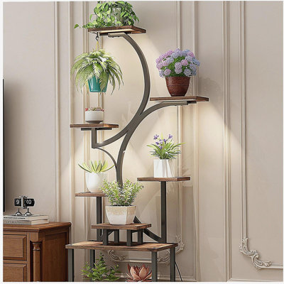 Plant Stand Indoor with Grow Lights - 62" Tall Plant Shelf, Lighted Corner Plant Stands for Indoor Growing, 8 Tiered Large Flower Holder, S-Shaped Decorative Rack for Living Room (WALNUT COLOR)