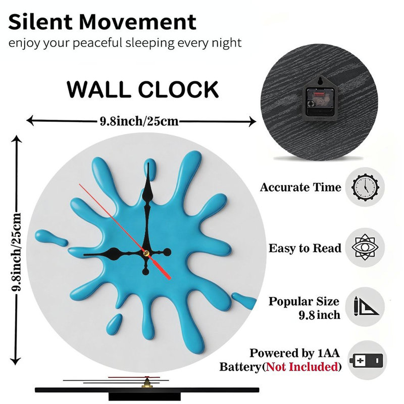 Horloge murale ronde en bois 10 po, mouvement à quartz silencieux, imprimé UV, à piles, Bleu ciel