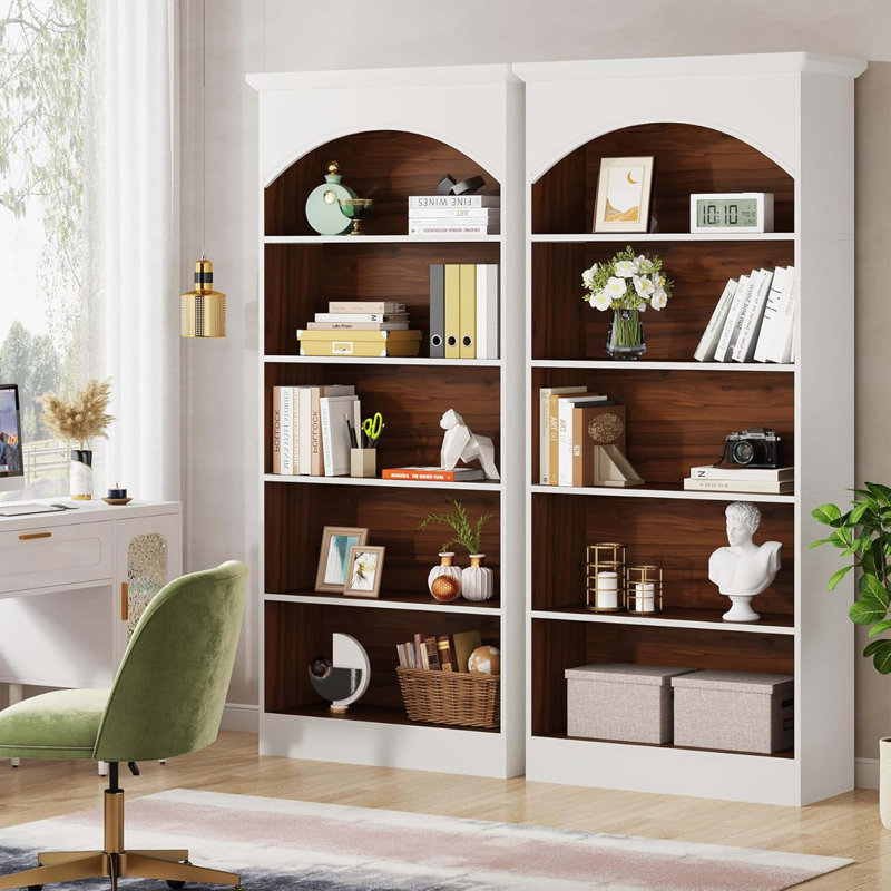 70.86" 5-Tier White & Oak Vintage Library Bookcase For Living Room, Office, Bedroom