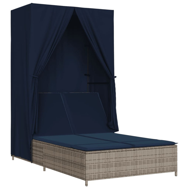  Double Sun Lounger With Roof And Curtains Gray Poly Rattan, Navy Cushion/Gray Frame