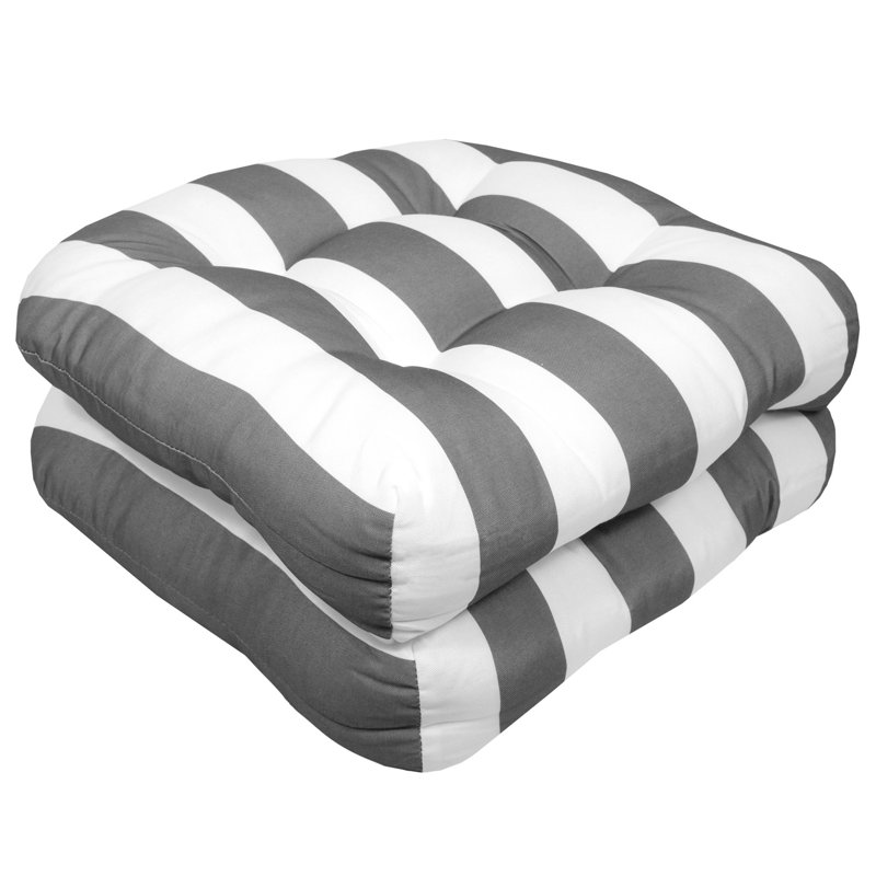 Stripe Patio Cushions Indoor/Outdoor Chair Pad Cushions, Thick Fiber Fill Tufted 19" x 19", Silver/White Polyester, 2