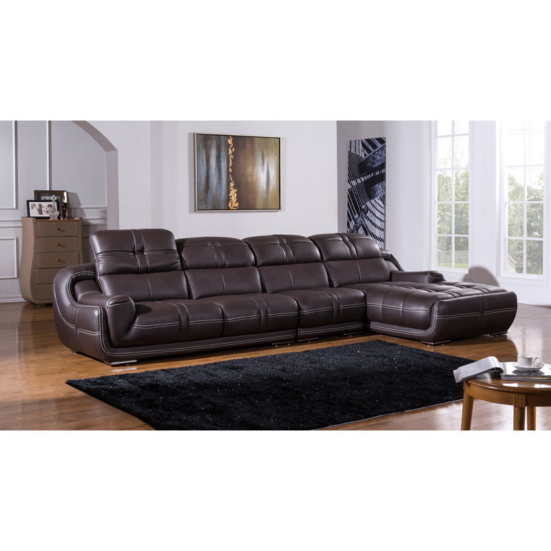 Upholstered L-Shaped Sectional, Right Hand Facing, Dark Brown Genuine Leather