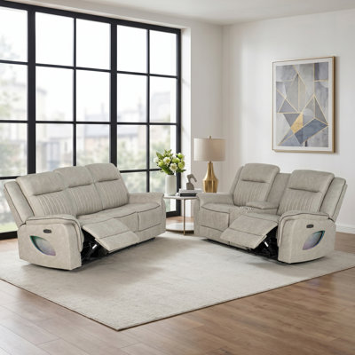 Ensemble de salon inclinable électrique en microfibre 2 pièces avec rangement pour console, port USB, deux porte-gobelets et bande latérale à DEL pour le cinéma maison