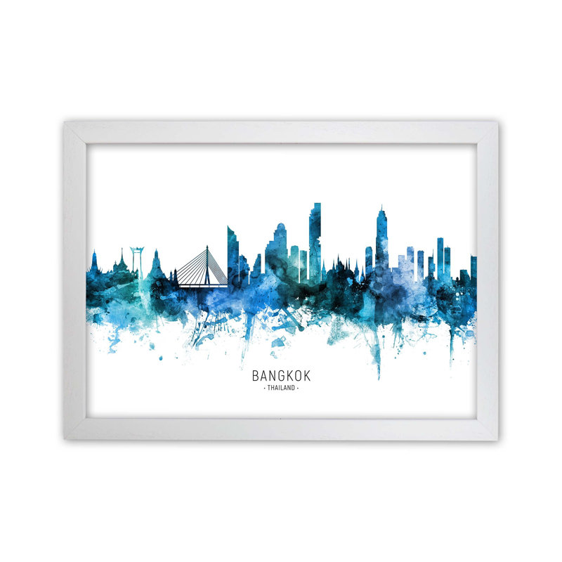 Bangkok Thailand Skyline Blue City Name by Michael Tompsett - Print, 34cm H x 46cm W x 3cm D, White Framed