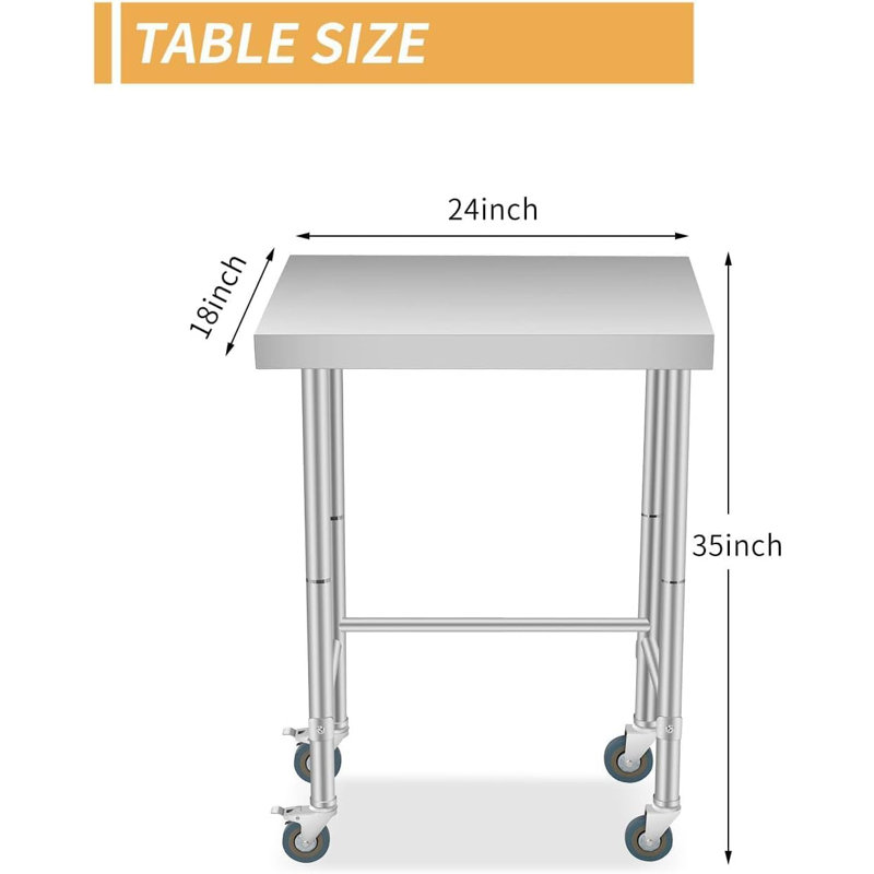 Table de travail en acier inoxydable 16 po x 24 po, table de préparation robuste NSF avec pieds réglables et roulettes verrouillables, table utilitaire commerciale pour la cuisine, le restaurant, le garage et l'atelier