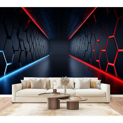 Papier peint adhésif futuriste à panneau alvéolaire hexagonal et couloir néon Glow Dark Tech