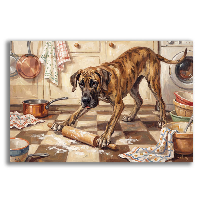  «Great Dan In The Kitchen» par Rich Monet, art mural en verre acrylique, 24 po x 16 po, H 16 po x l 24 po