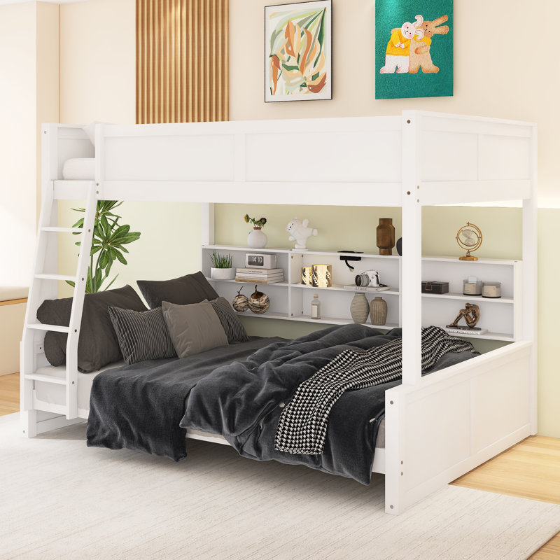 Lit double superposé au-dessus de grand lit double avec armoires de rangement et ports USB, Lit superposé double sur grand