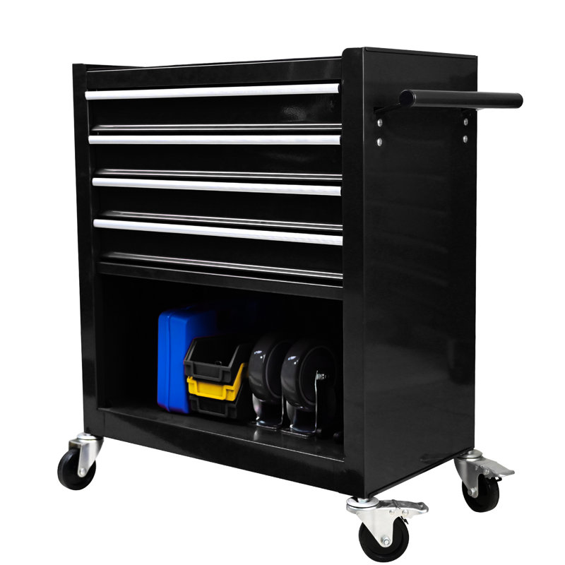 Chariot à outils multifonctionnel 4 tiroirs - noir, matériau en acier, tiroirs à fonctionnement doux, 2 pièces avec frein et non pour la mobilité, chariot à roulettes noir avec espace de rangement supplémentaire, structure robuste, tiroir sans effort