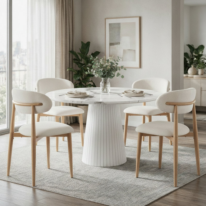 Ensemble de salle à manger moderne de 5 pièces comprenant une table ronde de 119 cm (47 po) avec pied central et 4 chaises rembourrées en tissu bouclé à dossier incurvé, idéales pour la cuisine et la salle à manger.