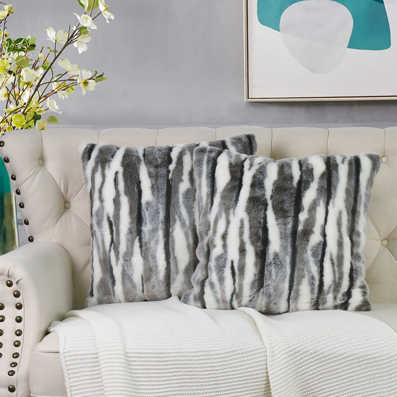 Multi Jacquard Faux Fur Euro Pillow Cover, 20" x 20", Gray