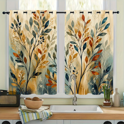 2Pcs Grommet Abstract Botanical Blackout Curtains, Watercolor Leaf Branch Print Drapes, Thermal Insulated Heat Blocking, Noise Reducing & Privacy Protection, Artistic Room Darkening Window Drapes for Bedroom, Living Room, Dormitory Home Decor