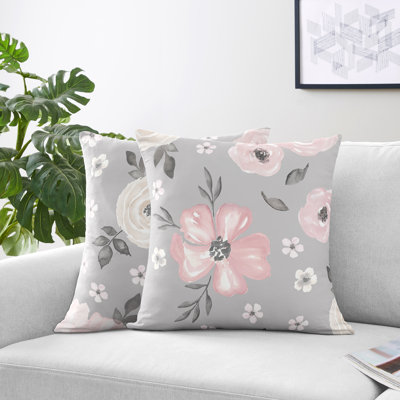 Watercolor Floral Grey Brushed Microfiber Decorative Square Indoor Throw Pillow Covers (Set of 2) by Sweet Jojo Designs