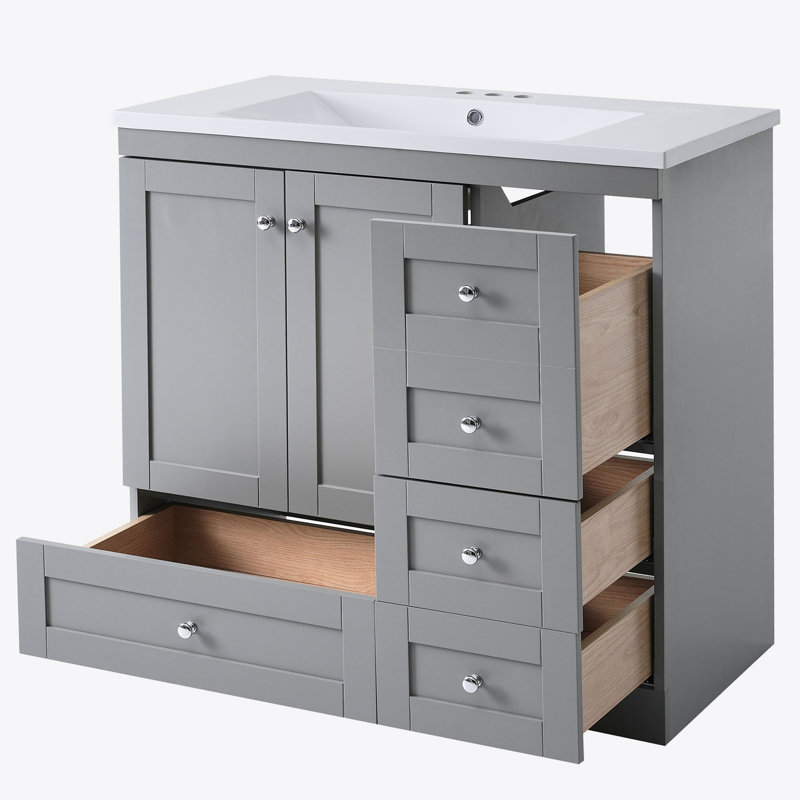 Armoire de meuble-lavabo autoportante de 36 po de style Shaker avec lavabo, 4 tiroirs à fermeture en douceur et 2 portes à fermeture en douceur