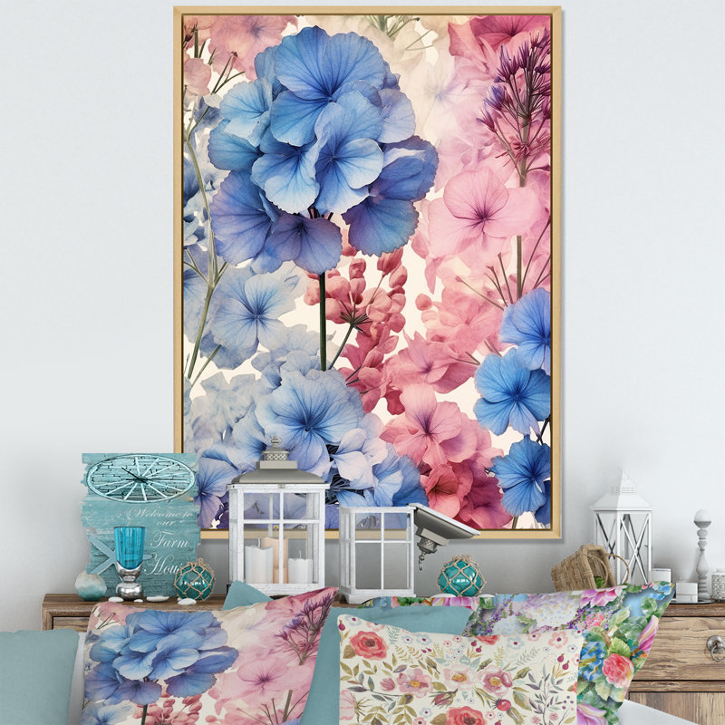 Impression sur toile «Blue and Pink Geranium Collage», Cadre naturel flottant, H 40 po x l 30 po x P 1,5 po